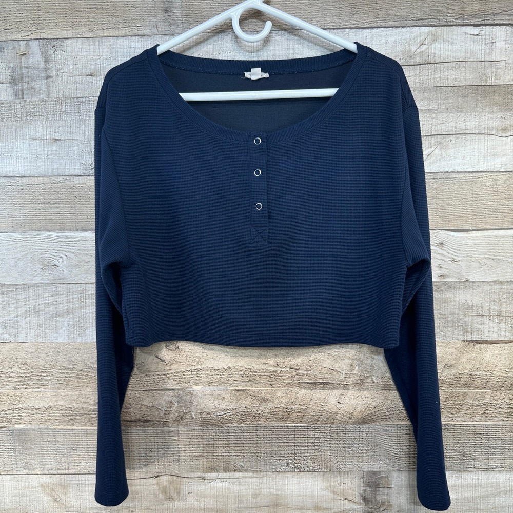 Garage Womens Waffle Knit Henley Top‎ Marina Blue Navy Cropped Long Sleeve XS
